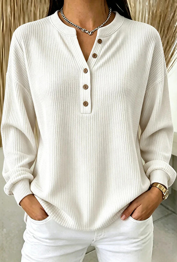 Ribbed Knit Henley T-Shirt for Women – Relaxed Long Sleeve Casual Fit
