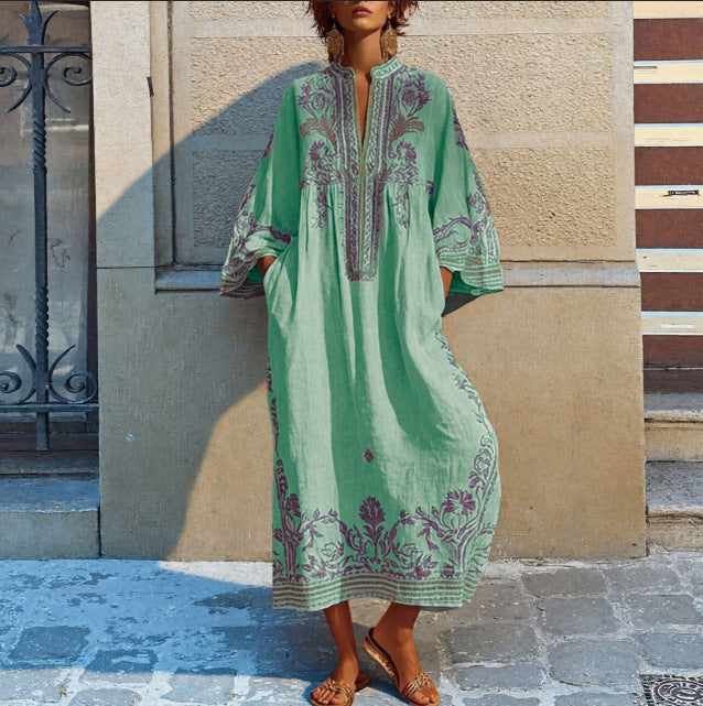 Boho Maxi Dress Cotton Printed V Neck Relaxed Fit | Women&