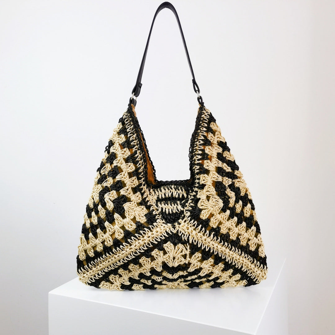 Straw Shoulder Bag for Women – Handmade Woven Contrast Weave Purse