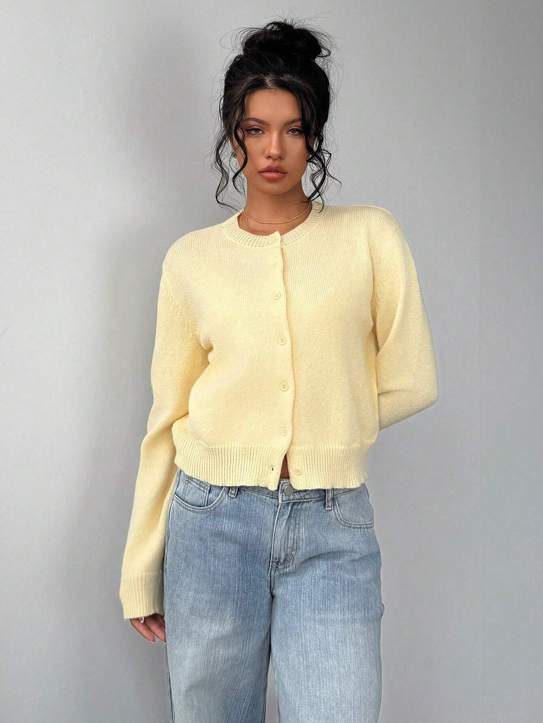 Cropped Cardigan – Knitted Slim Fit Long Sleeve Women&
