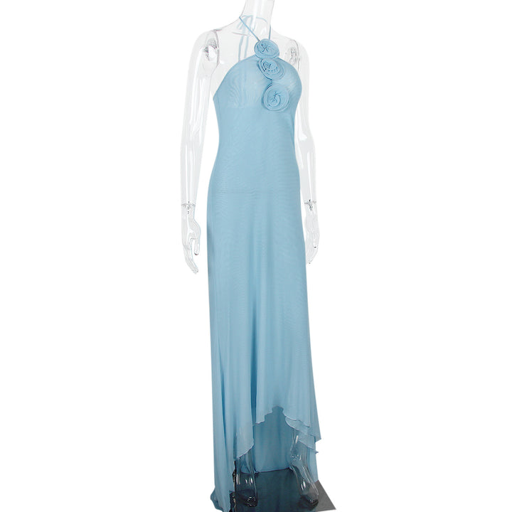 Mesh Maxi Dress Halter Backless 3D Floral Women&