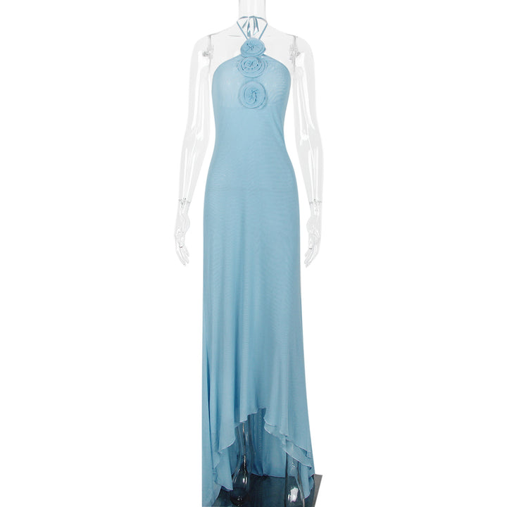 Mesh Maxi Dress Halter Backless 3D Floral Women&