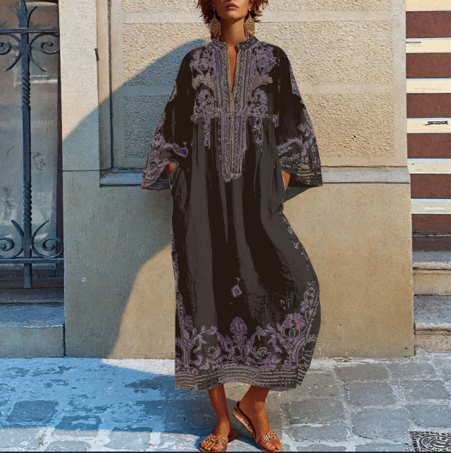 Boho Maxi Dress Cotton Printed V Neck Relaxed Fit | Women&