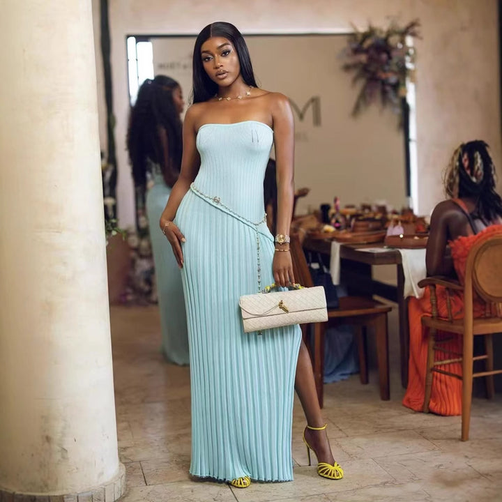 Strapless Maxi Dress in Soft Stretch – Twist Detail Side Slit Gown