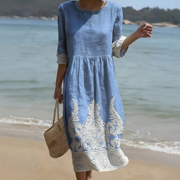 Linen Blend Midi Dress – Floral Botanical Print, Relaxed Fit for Women