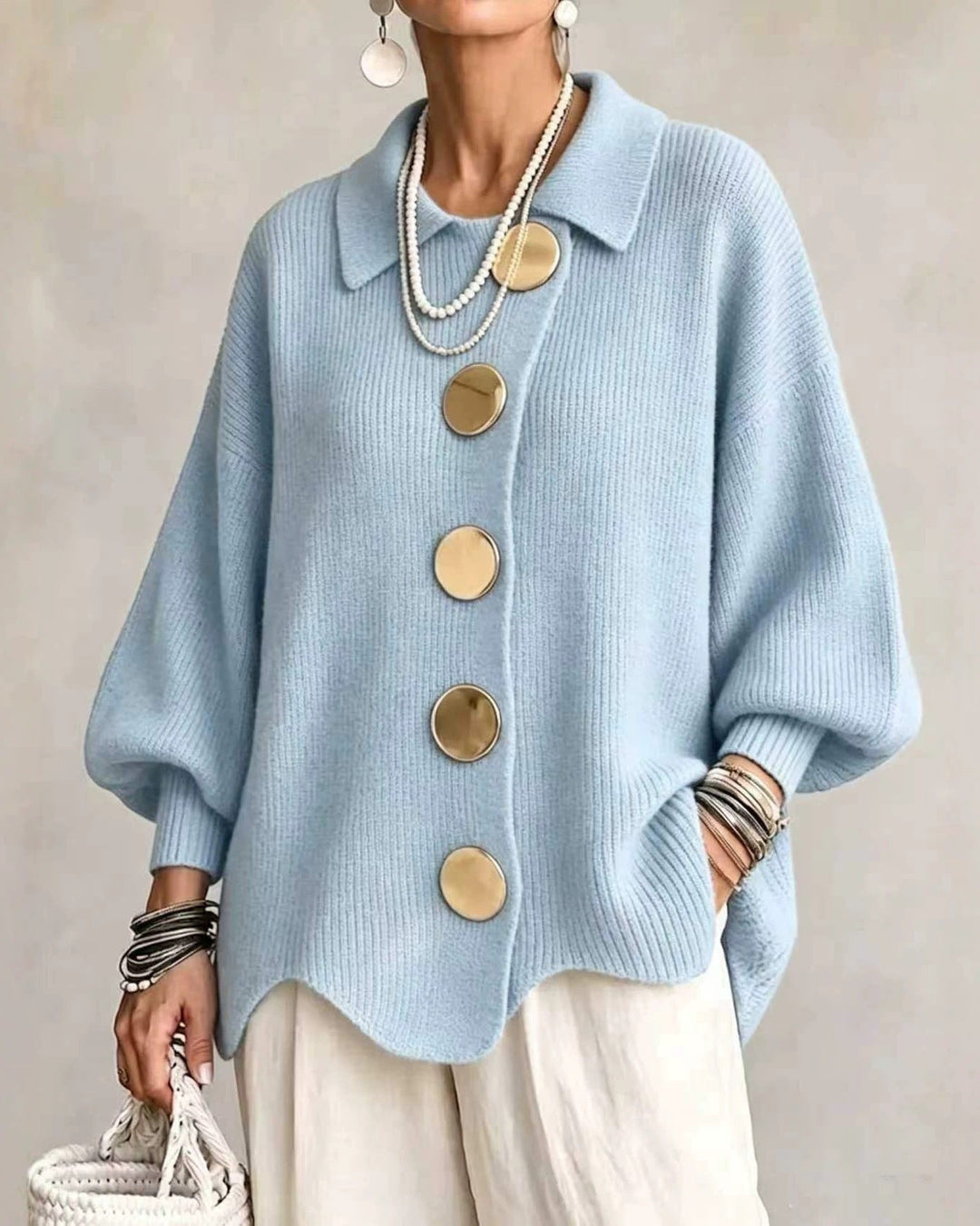 Knit Cardigan for Women – Button-Down Lapel with Puff Sleeves