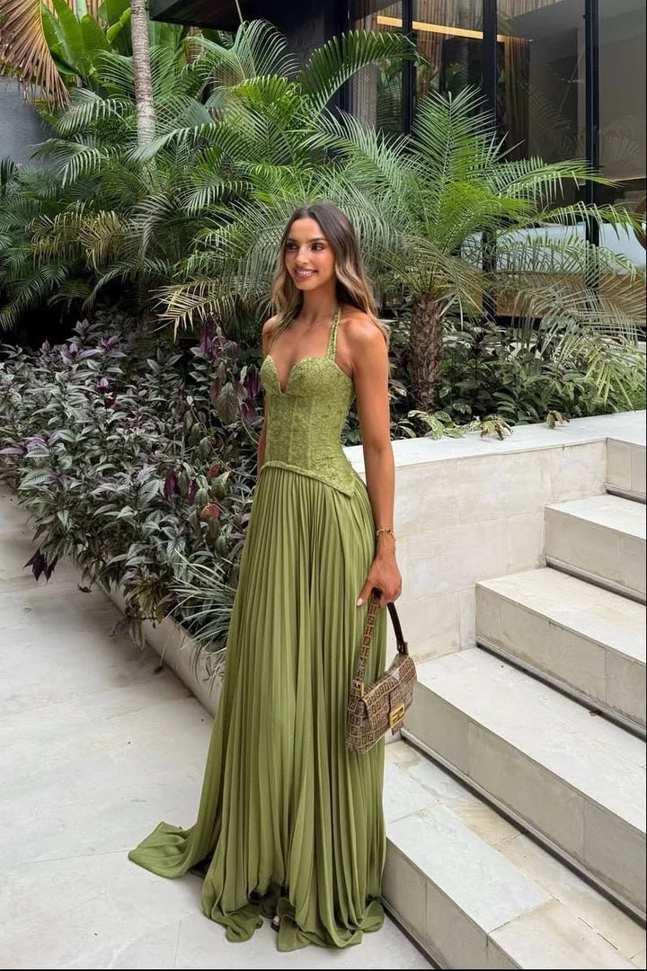 Backless Maxi Dress – Pleated Halter Neck Women&