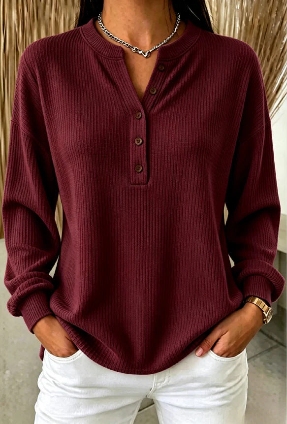 Ribbed Knit Henley T-Shirt for Women – Relaxed Long Sleeve Casual Fit