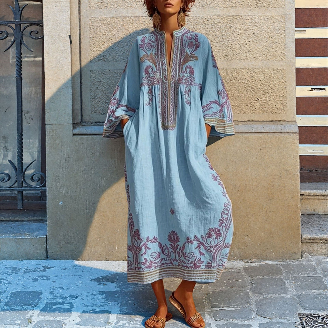 Boho Maxi Dress Cotton Printed V Neck Relaxed Fit | Women&