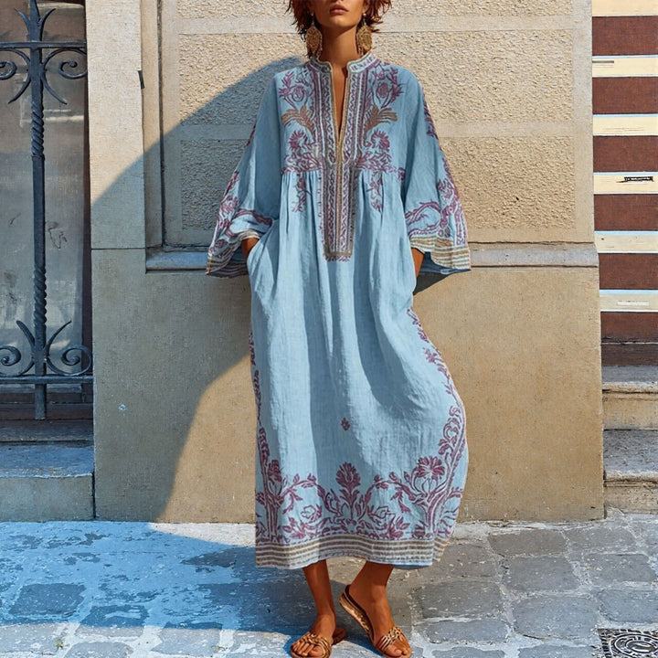 Boho Maxi Dress Cotton Printed V Neck Relaxed Fit | Women&