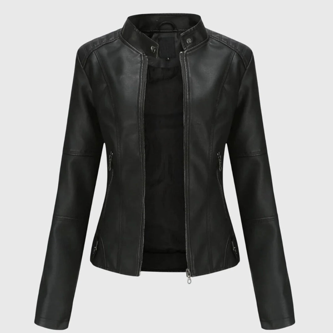 Vegan Leather Jacket for Women – Long Stand Collar Modern Coat