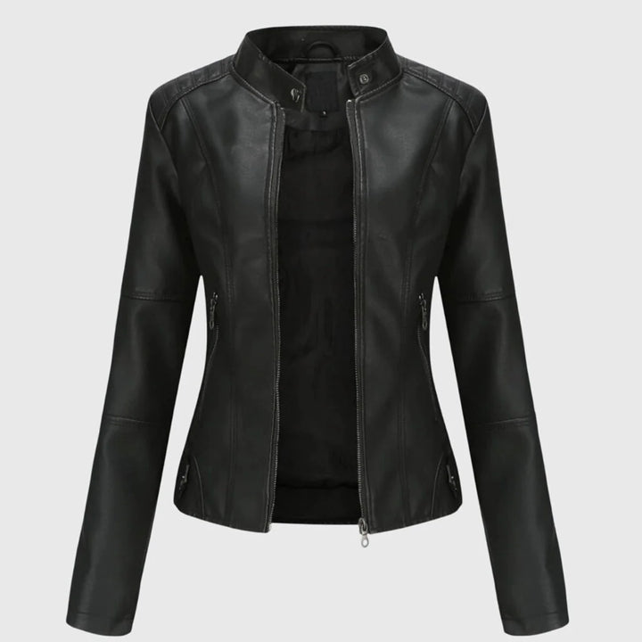 Vegan Leather Jacket for Women – Long Stand Collar Modern Coat