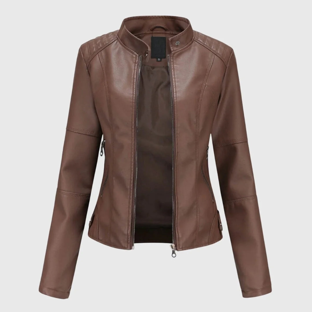 Vegan Leather Jacket for Women – Long Stand Collar Modern Coat