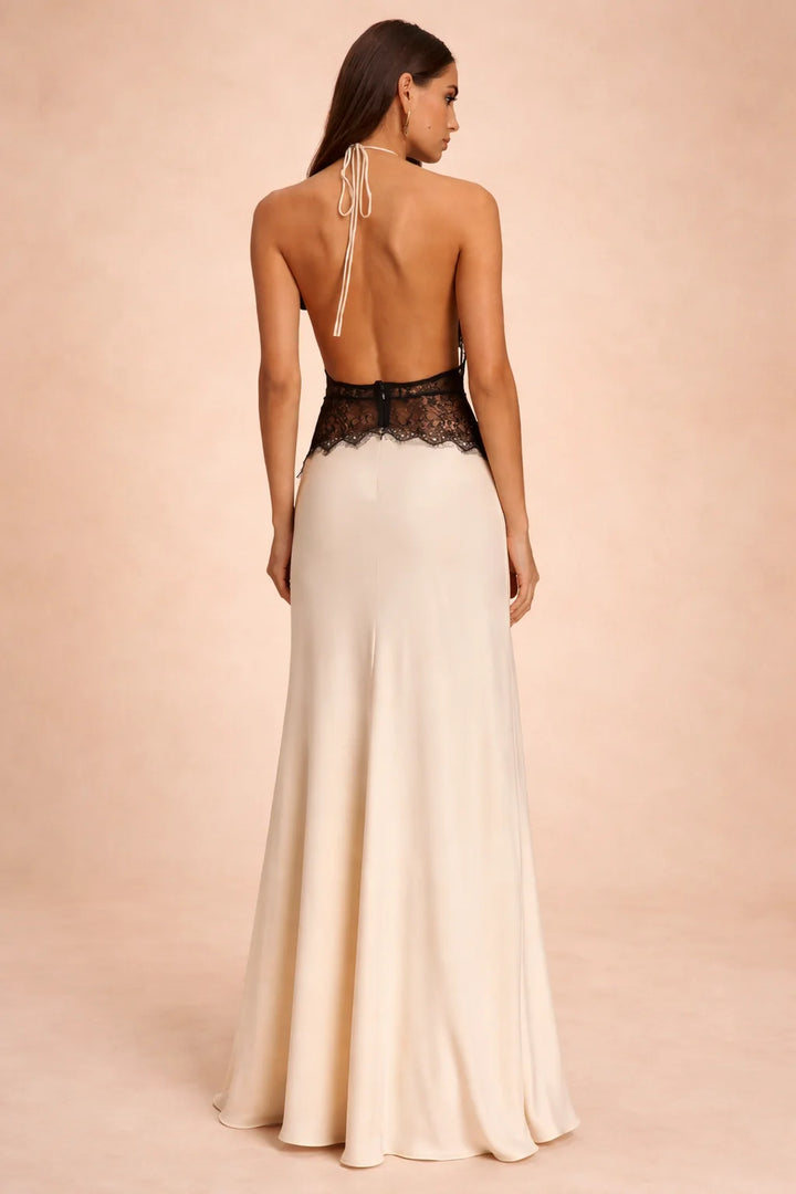 Satin Maxi Dress Halter Neck V Slit Seamless Formal Gown