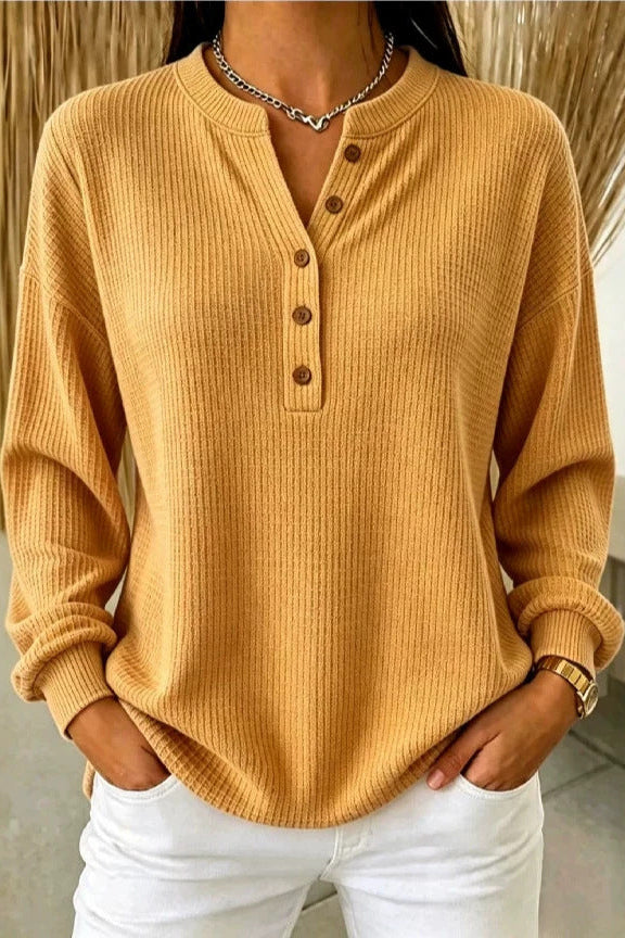 Ribbed Knit Henley T-Shirt for Women – Relaxed Long Sleeve Casual Fit