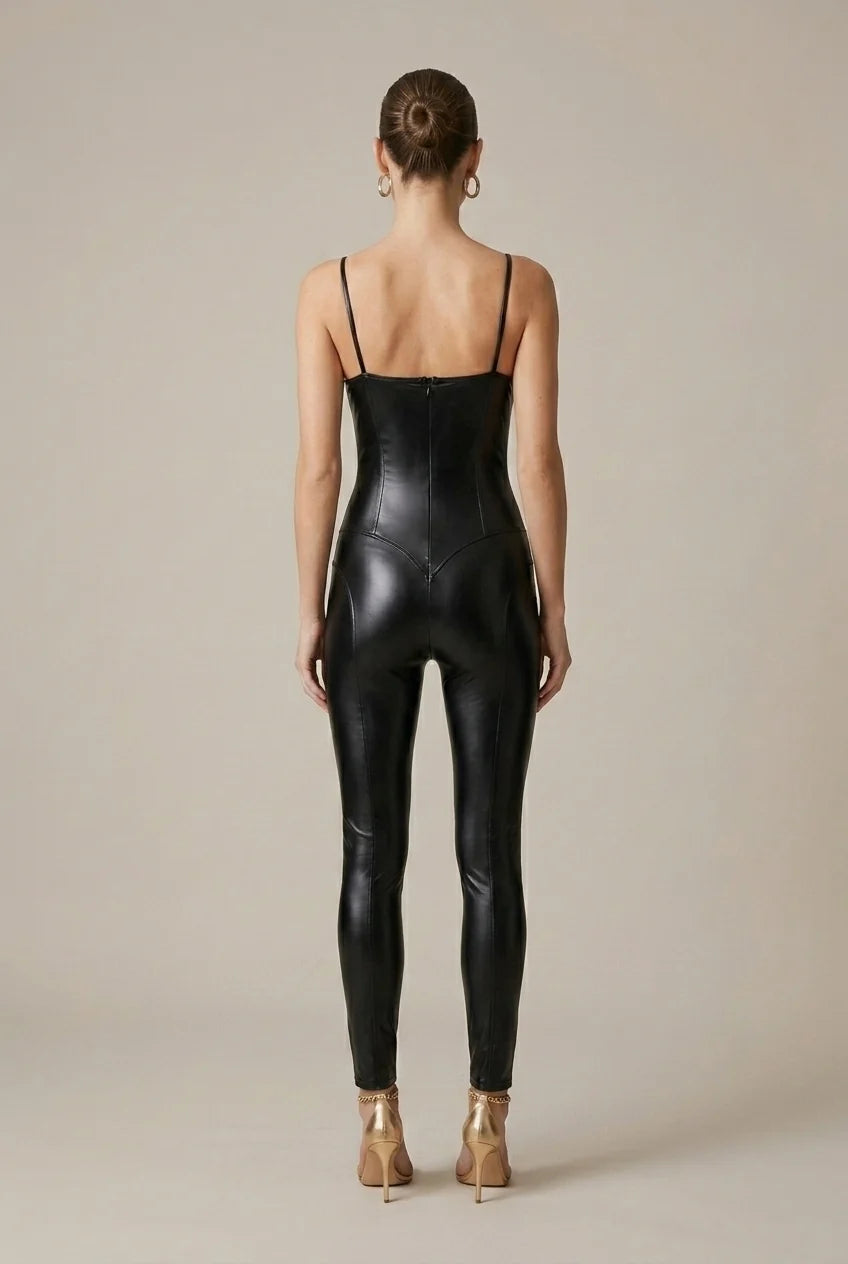 Vegan Leather Pants Women Skinny Suspender Trousers – Plain Finish
