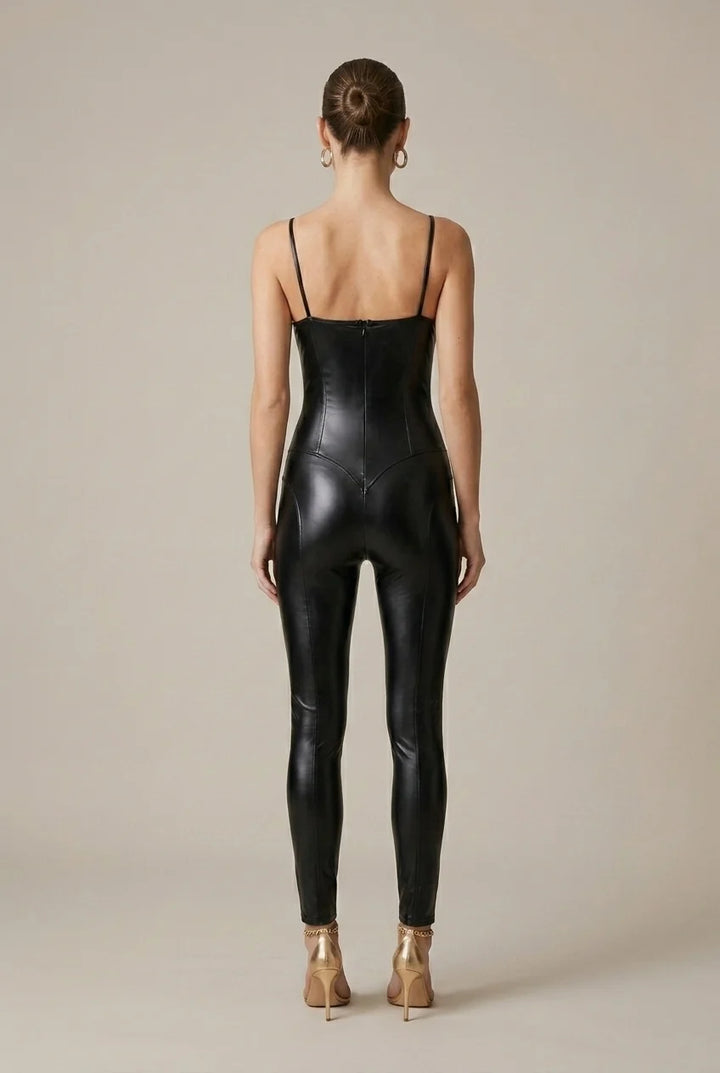 Vegan Leather Pants Women Skinny Suspender Trousers – Plain Finish