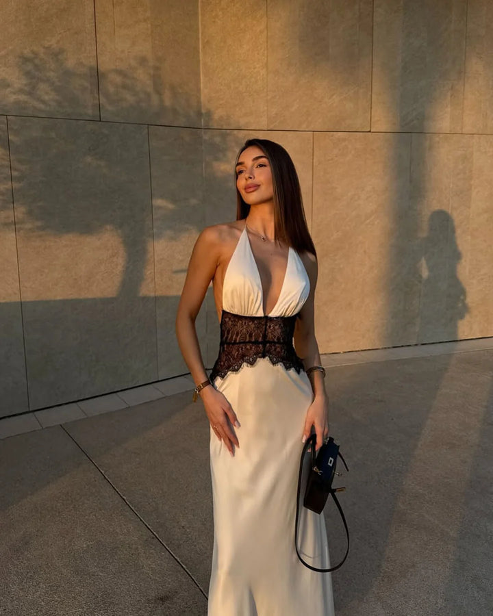 Satin Maxi Dress Halter Neck V Slit Seamless Formal Gown