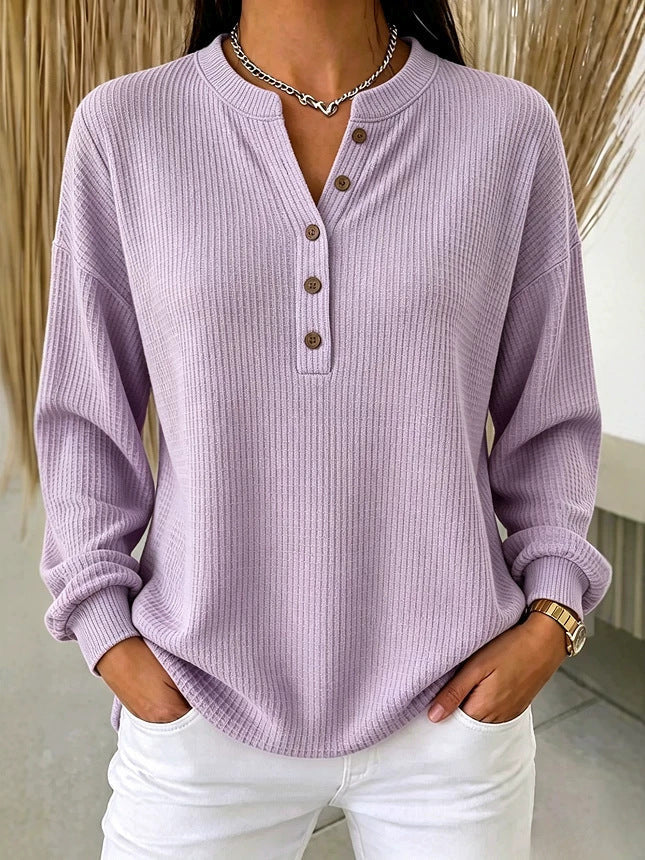 Ribbed Knit Henley T-Shirt for Women – Relaxed Long Sleeve Casual Fit
