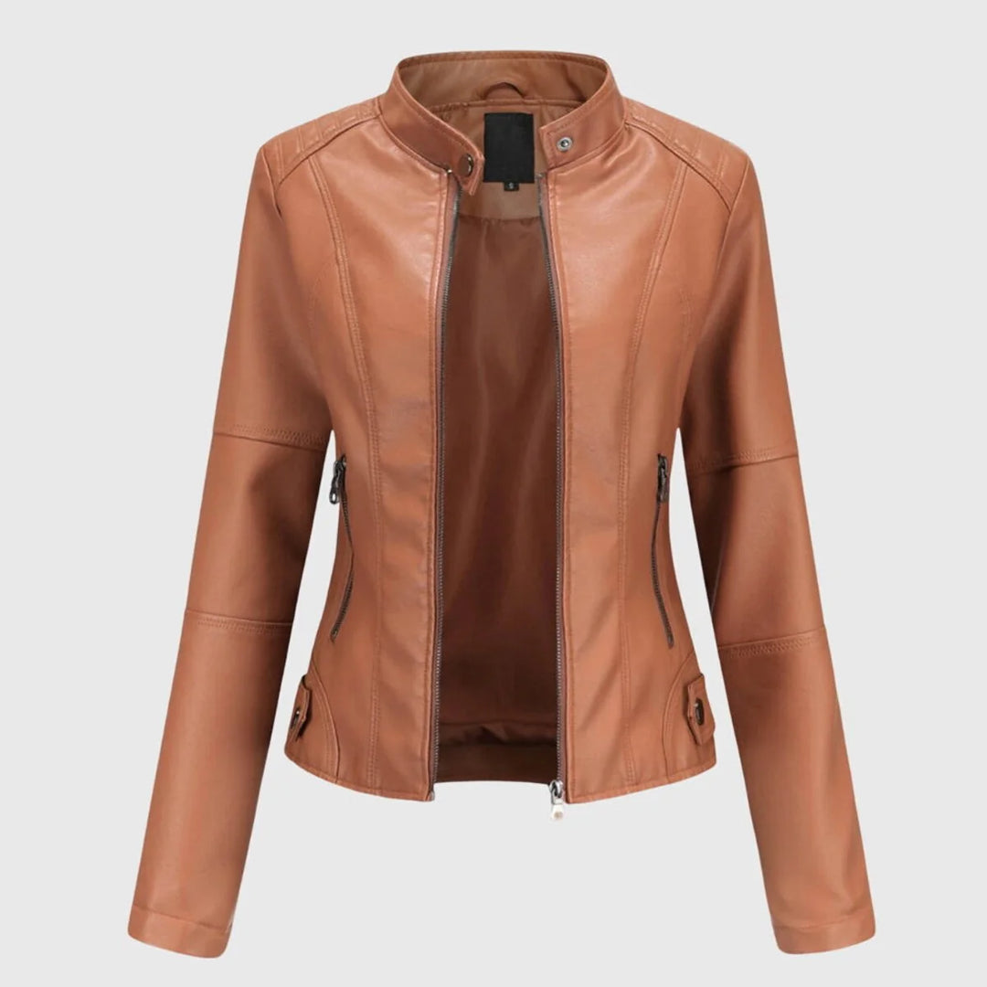 Vegan Leather Jacket for Women – Long Stand Collar Modern Coat