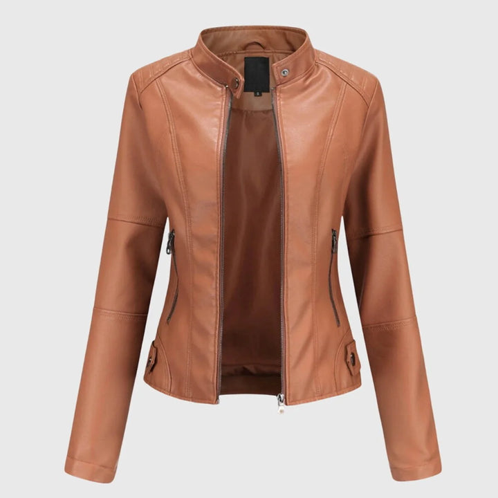 Vegan Leather Jacket for Women – Long Stand Collar Modern Coat