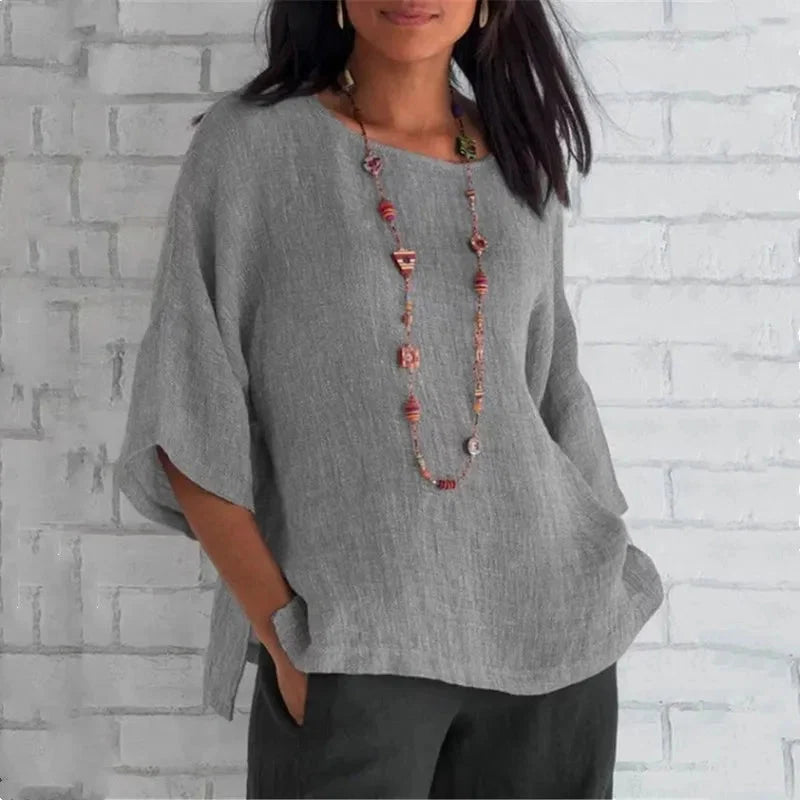 Linen Shirt Women – Trumpet Sleeve Relaxed Fit Cotton Blend Blouse