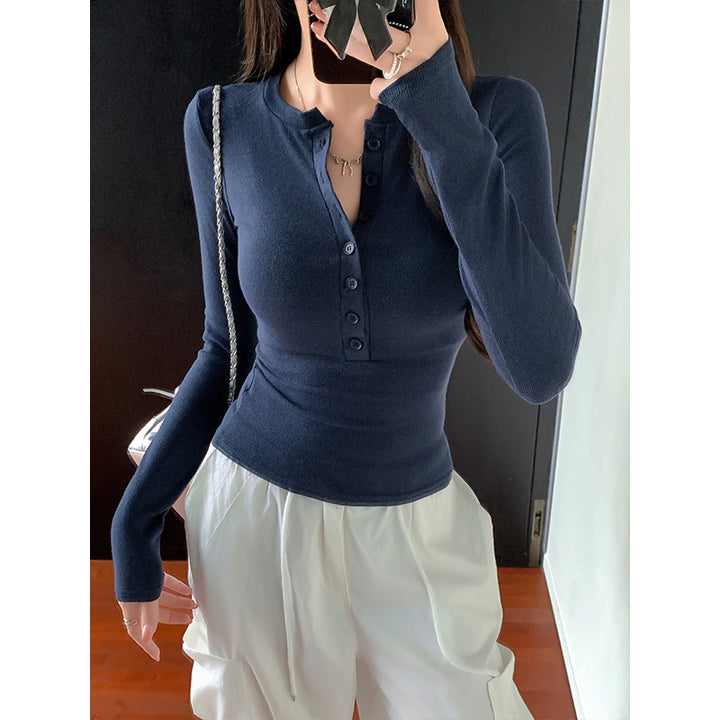 Slim Fit Button-Up Cotton Blend Top for Women – Stretch Pullover Layer