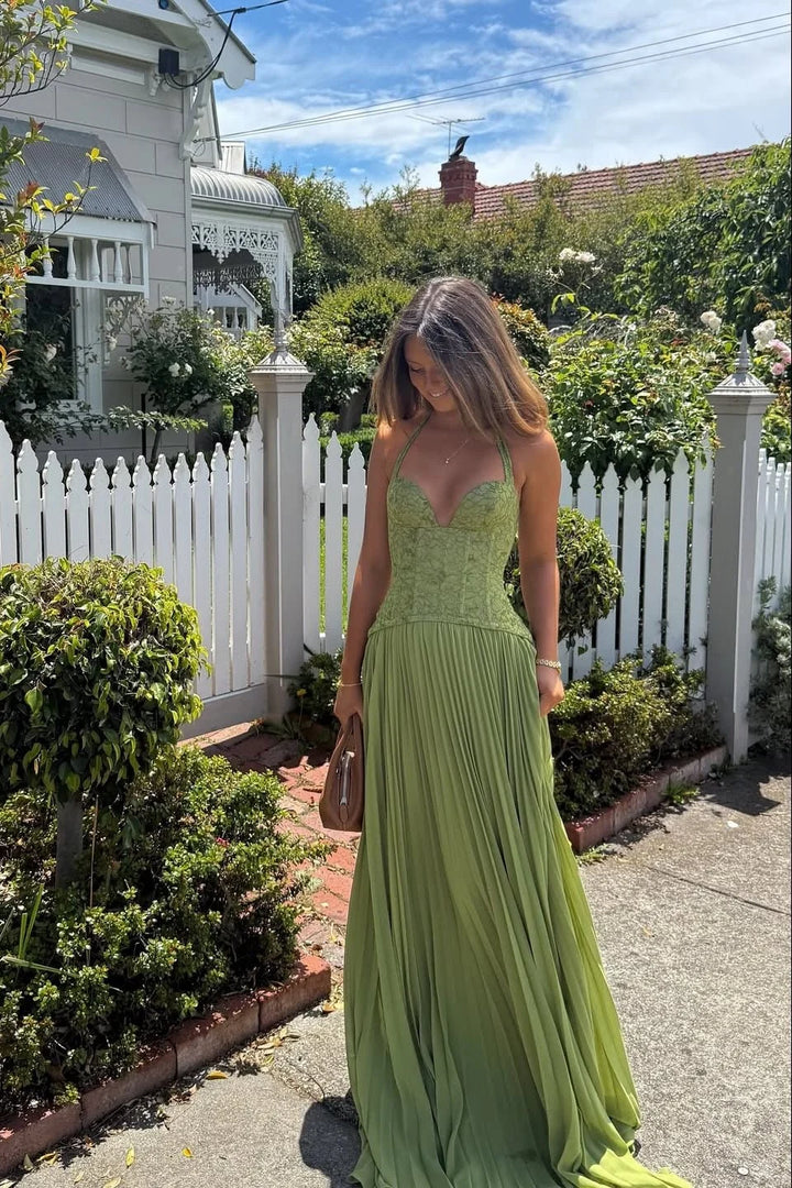 Backless Maxi Dress – Pleated Halter Neck Women&