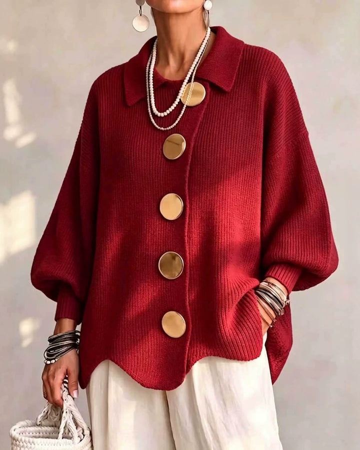 Knit Cardigan for Women – Button-Down Lapel with Puff Sleeves