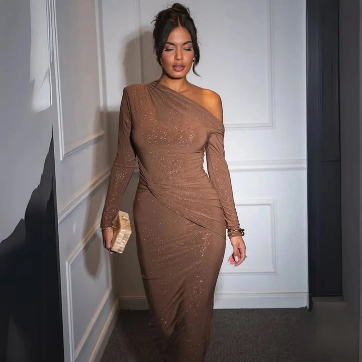 Long Sleeve Maxi Dress – Slim Fit One Shoulder Evening Gown in Stretch Fabric