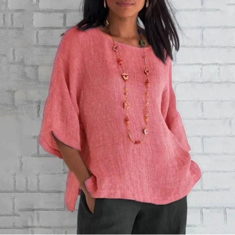 Linen Shirt Women – Trumpet Sleeve Relaxed Fit Cotton Blend Blouse