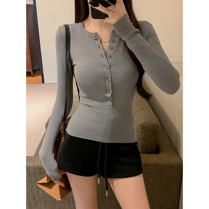 Slim Fit Button-Up Cotton Blend Top for Women – Stretch Pullover Layer