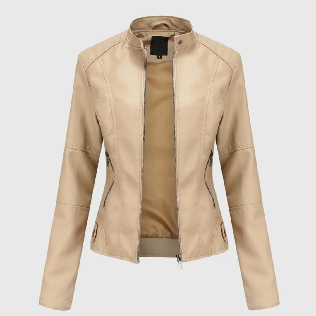 Vegan Leather Jacket for Women – Long Stand Collar Modern Coat