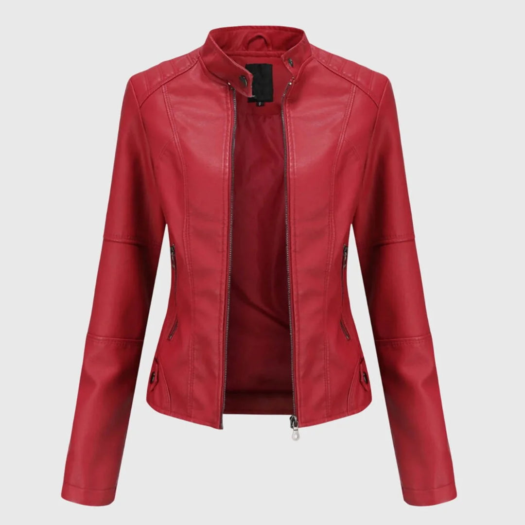 Vegan Leather Jacket for Women – Long Stand Collar Modern Coat