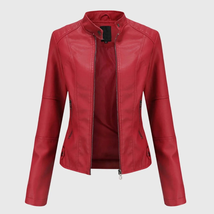 Vegan Leather Jacket for Women – Long Stand Collar Modern Coat