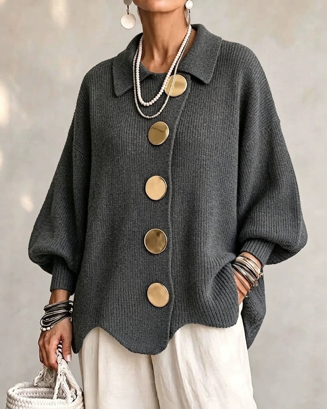 Knit Cardigan for Women – Button-Down Lapel with Puff Sleeves