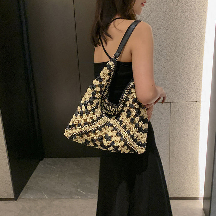 Straw Shoulder Bag for Women – Handmade Woven Contrast Weave Purse