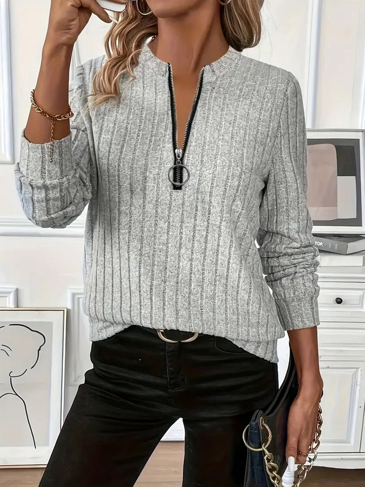 Rib-Knit Long Sleeve Top – Women’s Relaxed Zip Neckline