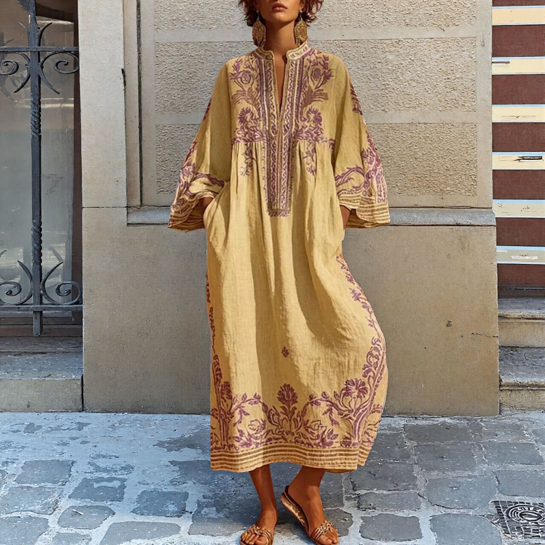 Boho Maxi Dress Cotton Printed V Neck Relaxed Fit | Women&