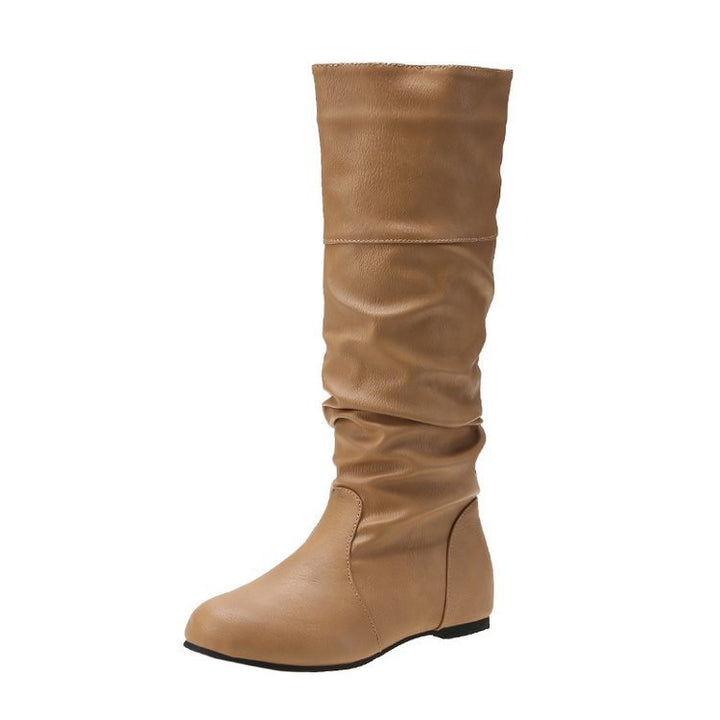 Knee-High Flat Boot for Women – Vegan Leather Slip-On, Round Toe