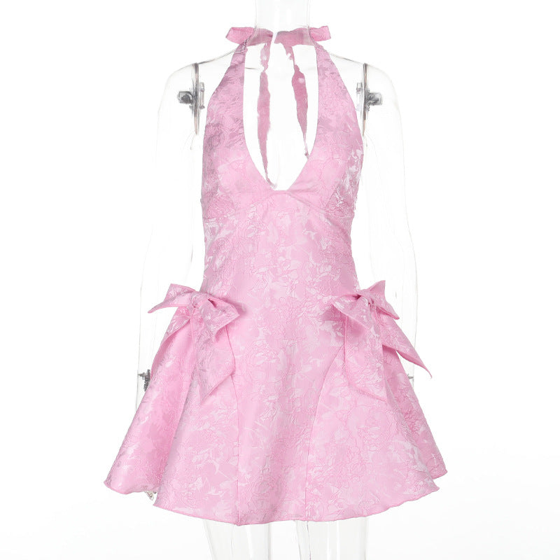Halter Mini Dress in Jacquard – Sleeveless V-Neck Butterfly Detail