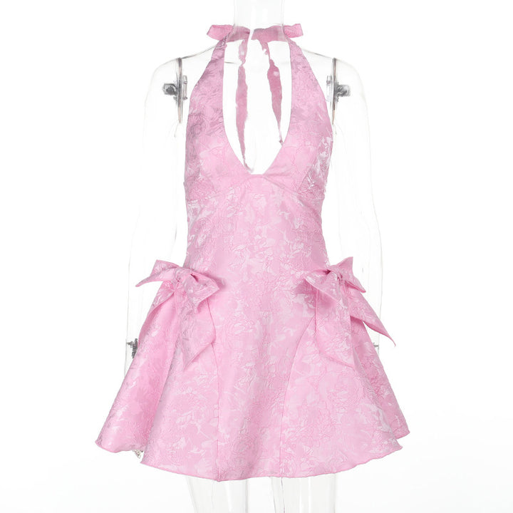 Halter Mini Dress in Jacquard – Sleeveless V-Neck Butterfly Detail