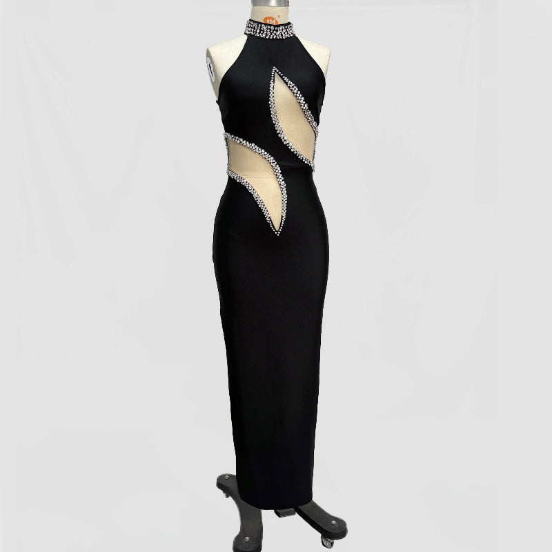 Maxi Dress for Women – Mesh Bandage Rhinestone Evening Gown