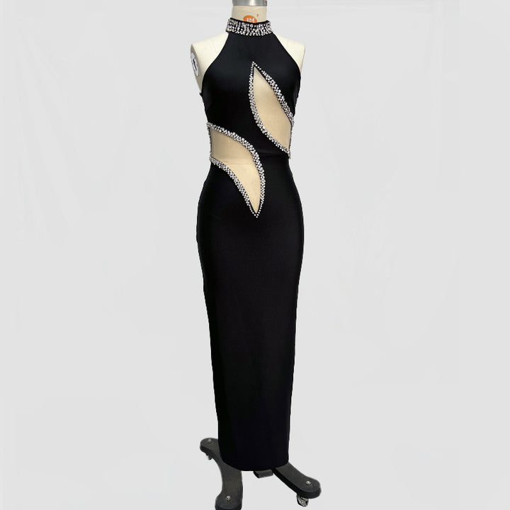 Maxi Dress for Women – Mesh Bandage Rhinestone Evening Gown