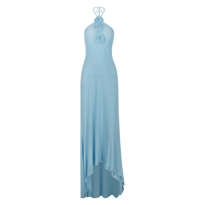 Mesh Maxi Dress Halter Backless 3D Floral Women&
