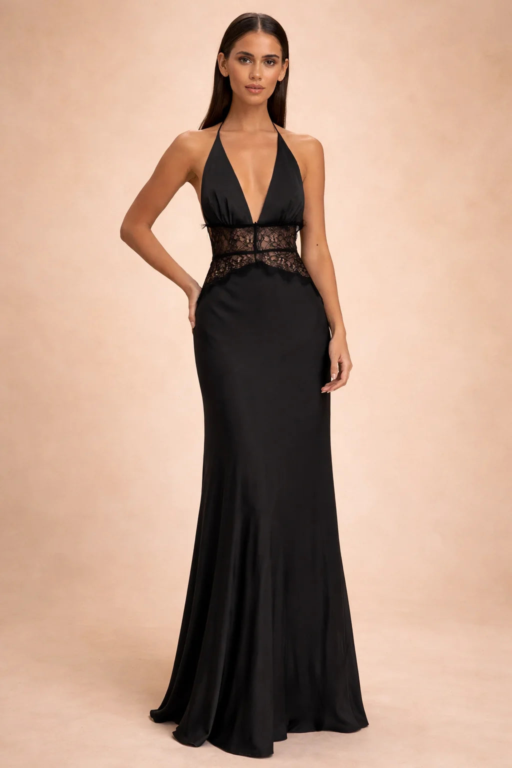 Satin Maxi Dress Halter Neck V Slit Seamless Formal Gown