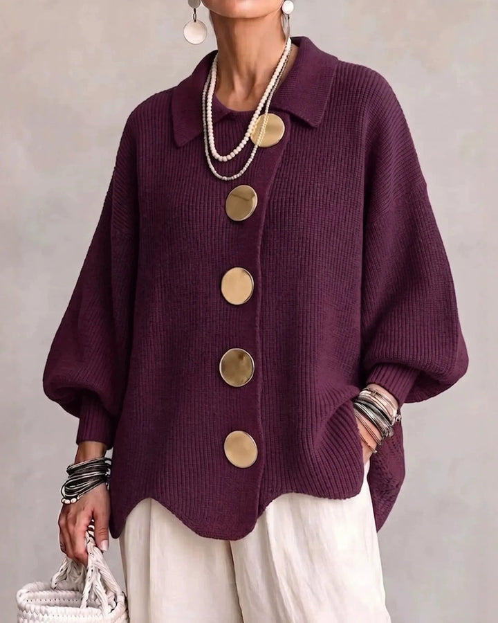 Knit Cardigan for Women – Button-Down Lapel with Puff Sleeves