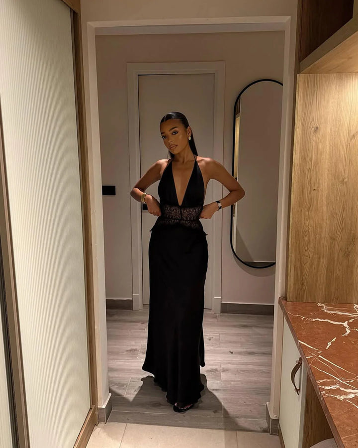 Satin Maxi Dress Halter Neck V Slit Seamless Formal Gown