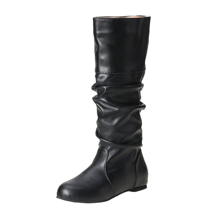 Knee-High Flat Boot for Women – Vegan Leather Slip-On, Round Toe