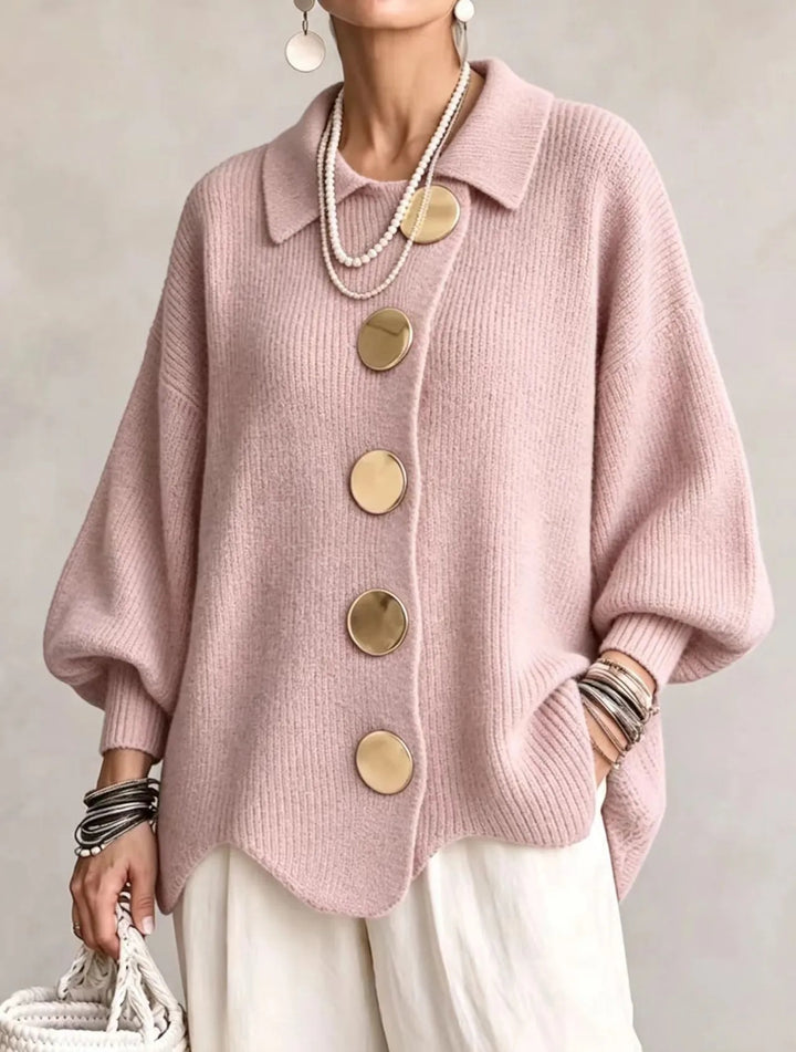 Knit Cardigan for Women – Button-Down Lapel with Puff Sleeves